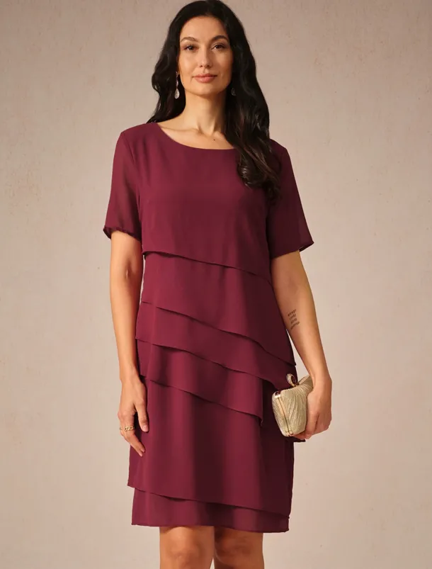 Women's Wedding Guest Cocktail Dress Chiffon Layered Plain Summer Spring Elegant Midi Dress Short Sleeve