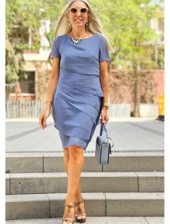 Women's Wedding Guest Cocktail Dress Chiffon Layered Plain Summer Spring Elegant Midi Dress Short Sleeve