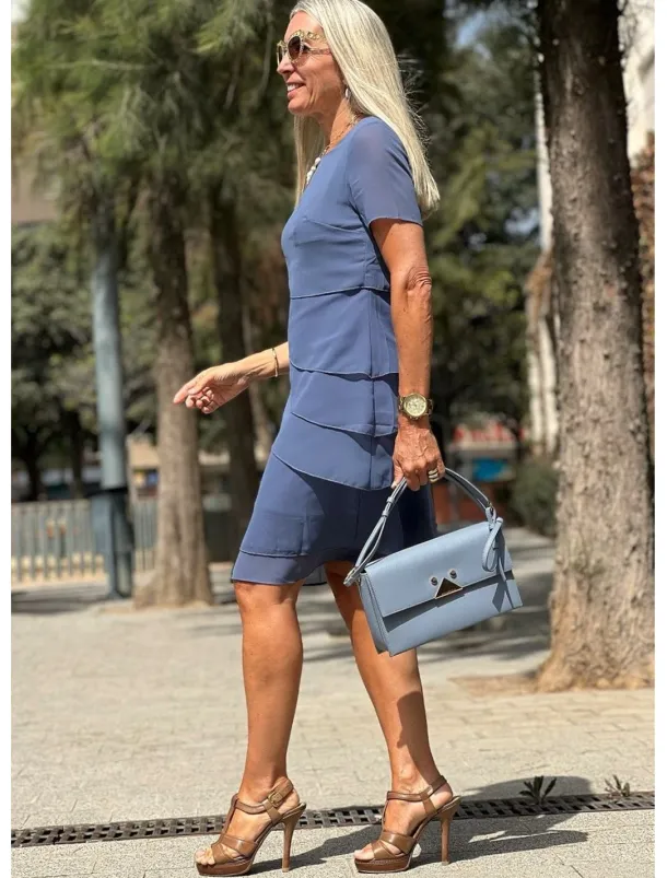 Women's Wedding Guest Cocktail Dress Chiffon Layered Plain Summer Spring Elegant Midi Dress Short Sleeve