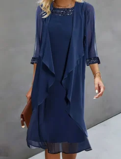Women's Wedding Guest Cocktail Dress Chiffon Daily Fashion Patchwork Sequin Casual Elegant Two Piece Dress Set Fall Winter Midi Dress Crew Neck 3/4 Length Sleeve Plain Navy Blue
