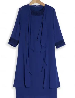 Women's Wedding Guest Cocktail Dress Chiffon Daily Fashion Patchwork Sequin Casual Elegant Two Piece Dress Set Fall Winter Midi Dress Crew Neck 3/4 Length Sleeve Plain Navy Blue