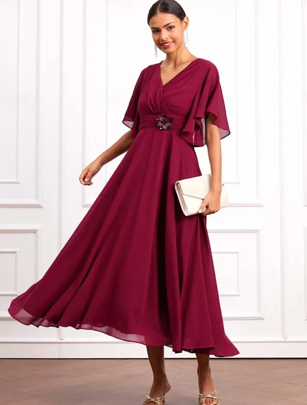 Women's Wedding Guest Cocktail Dress Wrap Dress Chiffon Ruffle V Neck Short Sleeve Maxi Dress Party Elegant Formal Wine Summer