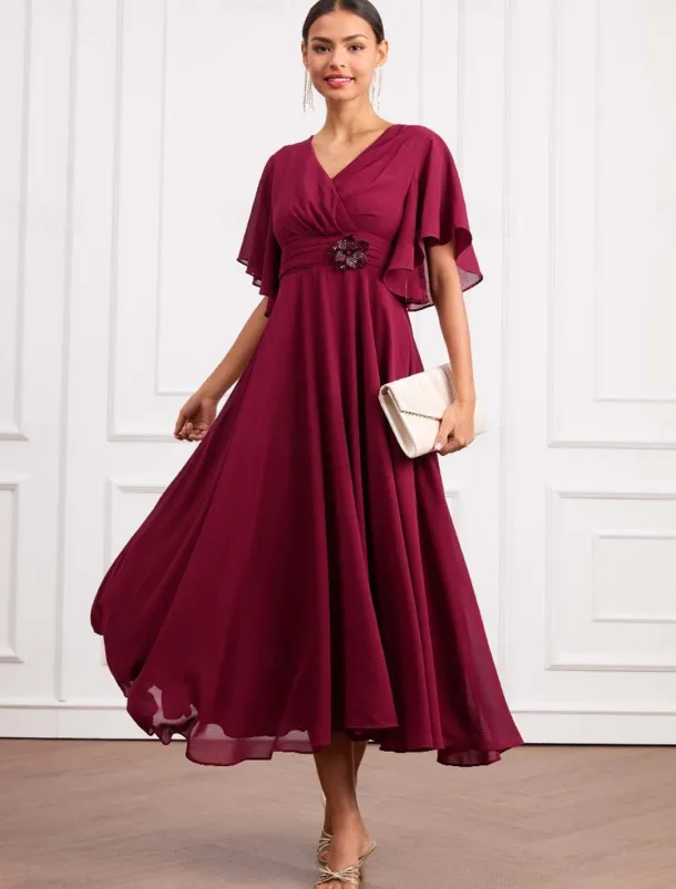 Women's Wedding Guest Cocktail Dress Wrap Dress Chiffon Ruffle V Neck Short Sleeve Maxi Dress Party Elegant Formal Wine Summer