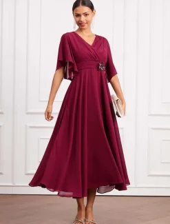 Women's Wedding Guest Cocktail Dress Wrap Dress Chiffon Ruffle V Neck Short Sleeve Maxi Dress Party Elegant Formal Wine Summer