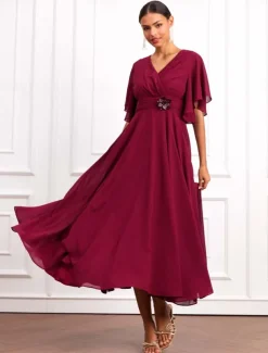 Women's Wedding Guest Cocktail Dress Wrap Dress Chiffon Ruffle V Neck Short Sleeve Maxi Dress Party Elegant Formal Wine Summer