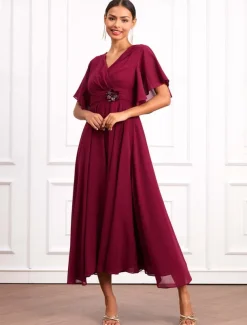 Women's Wedding Guest Cocktail Dress Wrap Dress Chiffon Ruffle V Neck Short Sleeve Maxi Dress Party Elegant Formal Wine Summer