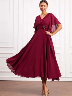 Women's Wedding Guest Cocktail Dress Wrap Dress Chiffon Ruffle V Neck Short Sleeve Maxi Dress Party Elegant Formal Wine Summer