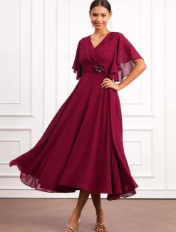 Women's Wedding Guest Cocktail Dress Wrap Dress Chiffon Ruffle V Neck Short Sleeve Maxi Dress Party Elegant Formal Wine Summer
