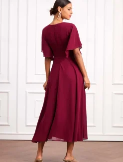 Women's Wedding Guest Cocktail Dress Wrap Dress Chiffon Ruffle V Neck Short Sleeve Maxi Dress Party Elegant Formal Wine Summer