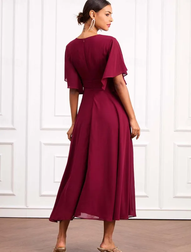 Women's Wedding Guest Cocktail Dress Wrap Dress Chiffon Ruffle V Neck Short Sleeve Maxi Dress Party Elegant Formal Wine Summer