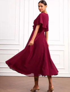 Women's Wedding Guest Cocktail Dress Wrap Dress Chiffon Ruffle V Neck Short Sleeve Maxi Dress Party Elegant Formal Wine Summer