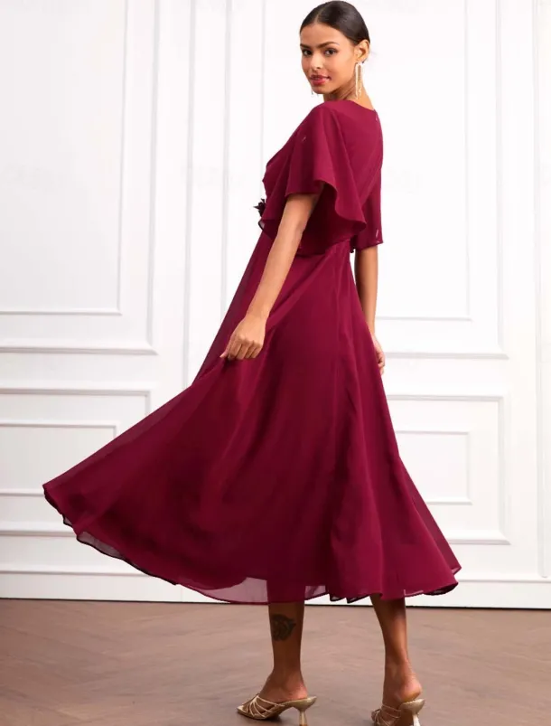 Women's Wedding Guest Cocktail Dress Wrap Dress Chiffon Ruffle V Neck Short Sleeve Maxi Dress Party Elegant Formal Wine Summer