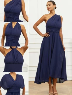Women's Wedding Guest Cocktail Dress A Line Midi Chiffon Ruched Belted Elegant Formal One Shoulder Sleeveless Dress Navy Blue Color