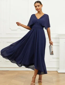 Women's Wedding Guest Cocktail Dress A Line Midi Chiffon Ruched Belted Elegant Formal One Shoulder Sleeveless Dress Navy Blue Color