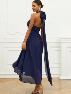 Women's Wedding Guest Cocktail Dress A Line Midi Chiffon Ruched Belted Elegant Formal One Shoulder Sleeveless Dress Navy Blue Color