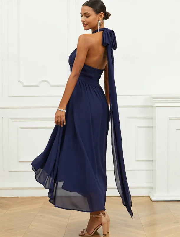 Women's Wedding Guest Cocktail Dress A Line Midi Chiffon Ruched Belted Elegant Formal One Shoulder Sleeveless Dress Navy Blue Color