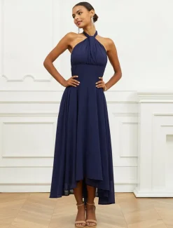 Women's Wedding Guest Cocktail Dress A Line Midi Chiffon Ruched Belted Elegant Formal One Shoulder Sleeveless Dress Navy Blue Color