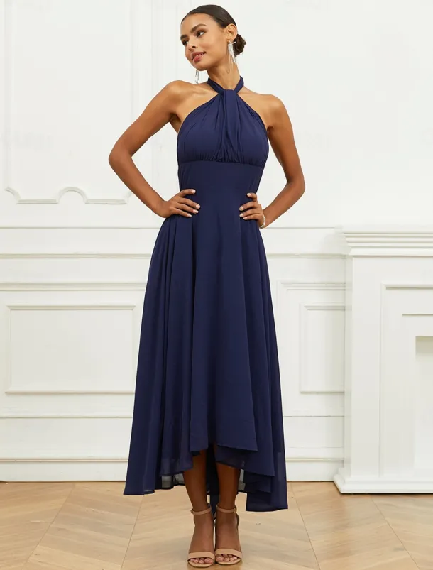 Women's Wedding Guest Cocktail Dress A Line Midi Chiffon Ruched Belted Elegant Formal One Shoulder Sleeveless Dress Navy Blue Color