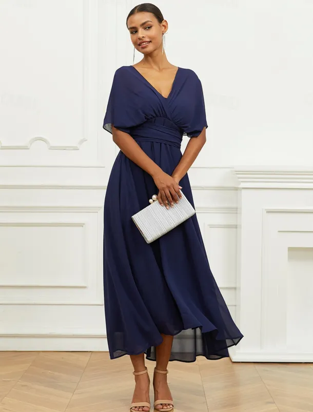 Women's Wedding Guest Cocktail Dress A Line Midi Chiffon Ruched Belted Elegant Formal One Shoulder Sleeveless Dress Navy Blue Color