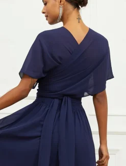 Women's Wedding Guest Cocktail Dress A Line Midi Chiffon Ruched Belted Elegant Formal One Shoulder Sleeveless Dress Navy Blue Color