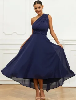 Women's Wedding Guest Cocktail Dress A Line Midi Chiffon Ruched Belted Elegant Formal One Shoulder Sleeveless Dress Navy Blue Color
