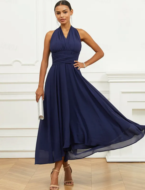 Women's Wedding Guest Cocktail Dress A Line Midi Chiffon Ruched Belted Elegant Formal One Shoulder Sleeveless Dress Navy Blue Color