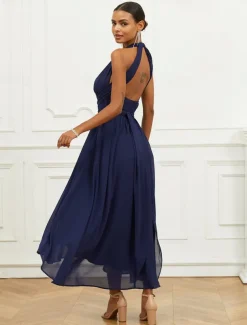 Women's Wedding Guest Cocktail Dress A Line Midi Chiffon Ruched Belted Elegant Formal One Shoulder Sleeveless Dress Navy Blue Color