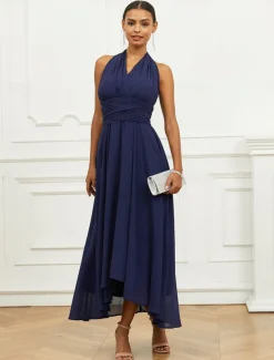 Women's Wedding Guest Cocktail Dress A Line Midi Chiffon Ruched Belted Elegant Formal One Shoulder Sleeveless Dress Navy Blue Color