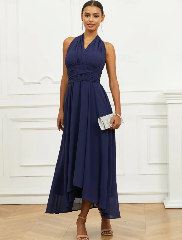 Women's Wedding Guest Cocktail Dress A Line Midi Chiffon Ruched Belted Elegant Formal One Shoulder Sleeveless Dress Navy Blue Color