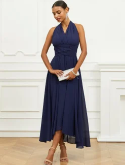Women's Wedding Guest Cocktail Dress A Line Midi Chiffon Ruched Belted Elegant Formal One Shoulder Sleeveless Dress Navy Blue Color