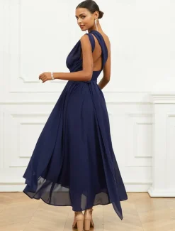 Women's Wedding Guest Cocktail Dress A Line Midi Chiffon Ruched Belted Elegant Formal One Shoulder Sleeveless Dress Navy Blue Color