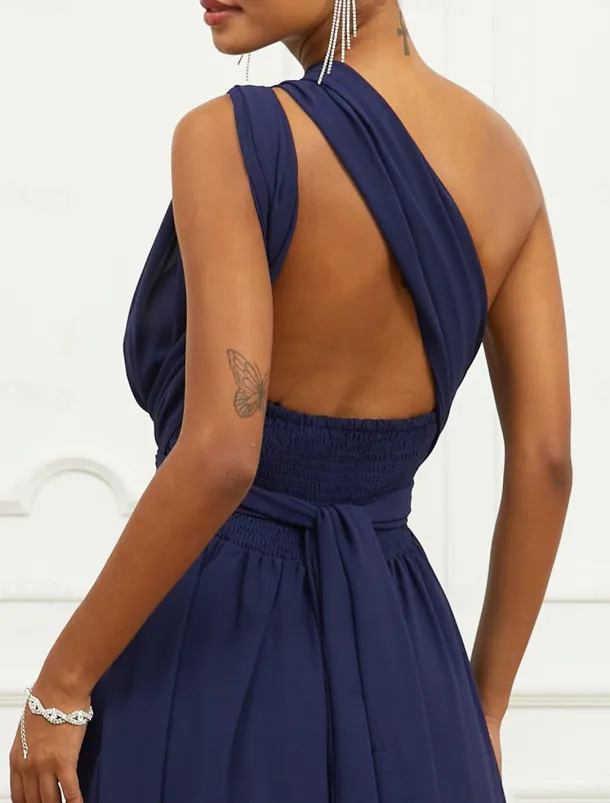 Women's Wedding Guest Cocktail Dress A Line Midi Chiffon Ruched Belted Elegant Formal One Shoulder Sleeveless Dress Navy Blue Color