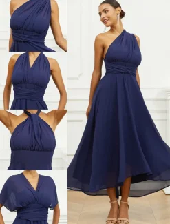 Women's Wedding Guest Cocktail Dress A Line Midi Chiffon Ruched Belted Elegant Formal One Shoulder Sleeveless Dress Navy Blue Color
