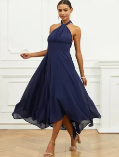 Women's Wedding Guest Cocktail Dress A Line Midi Chiffon Ruched Belted Elegant Formal One Shoulder Sleeveless Dress Navy Blue Color