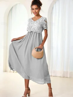 Women's Wedding Guest Cocktail Dress Maxi Dress Contrast Lace Party Elegant Formal V Neck Short Sleeve Pink Green Gray Color
