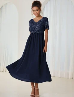 Women's Wedding Guest Cocktail Dress Maxi Dress Contrast Lace Party Elegant Formal V Neck Short Sleeve Pink Green Gray Color