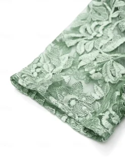 Women's Wedding Guest Cocktail Dress Maxi Dress Contrast Lace Party Elegant Formal V Neck Short Sleeve Pink Green Gray Color