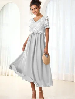 Women's Wedding Guest Cocktail Dress Maxi Dress Contrast Lace Party Elegant Formal V Neck Short Sleeve Pink Green Gray Color