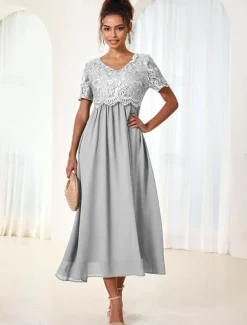 Women's Wedding Guest Cocktail Dress Maxi Dress Contrast Lace Party Elegant Formal V Neck Short Sleeve Pink Green Gray Color