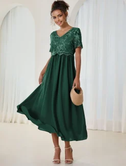 Women's Wedding Guest Cocktail Dress Maxi Dress Contrast Lace Party Elegant Formal V Neck Short Sleeve Pink Green Gray Color