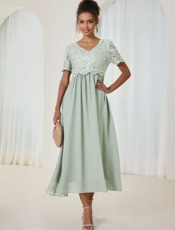 Women's Wedding Guest Cocktail Dress Maxi Dress Contrast Lace Party Elegant Formal V Neck Short Sleeve Pink Green Gray Color