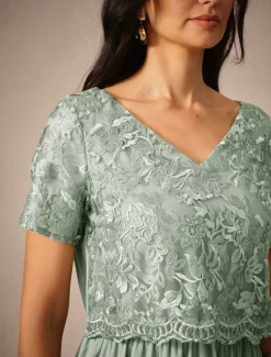 Women's Wedding Guest Cocktail Dress Maxi Dress Contrast Lace Party Elegant Formal V Neck Short Sleeve Pink Green Gray Color