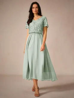 Women's Wedding Guest Cocktail Dress Maxi Dress Contrast Lace Party Elegant Formal V Neck Short Sleeve Pink Green Gray Color