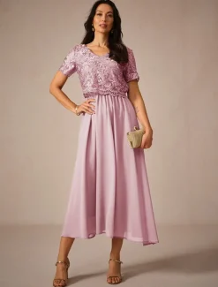Women's Wedding Guest Cocktail Dress Maxi Dress Contrast Lace Party Elegant Formal V Neck Short Sleeve Pink Green Gray Color