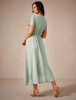 Women's Wedding Guest Cocktail Dress Maxi Dress Contrast Lace Party Elegant Formal V Neck Short Sleeve Pink Green Gray Color