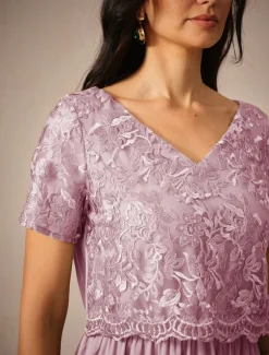 Women's Wedding Guest Cocktail Dress Maxi Dress Contrast Lace Party Elegant Formal V Neck Short Sleeve Pink Green Gray Color