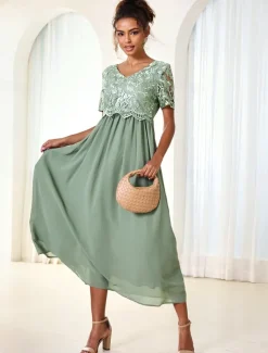 Women's Wedding Guest Cocktail Dress Maxi Dress Contrast Lace Party Elegant Formal V Neck Short Sleeve Pink Green Gray Color