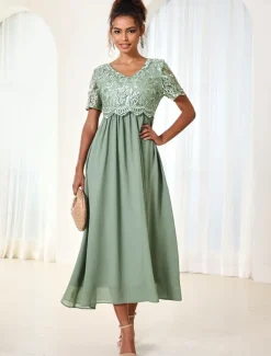 Women's Wedding Guest Cocktail Dress Maxi Dress Contrast Lace Party Elegant Formal V Neck Short Sleeve Pink Green Gray Color