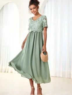 Women's Wedding Guest Cocktail Dress Maxi Dress Contrast Lace Party Elegant Formal V Neck Short Sleeve Pink Green Gray Color