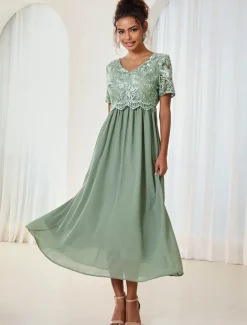 Women's Wedding Guest Cocktail Dress Maxi Dress Contrast Lace Party Elegant Formal V Neck Short Sleeve Pink Green Gray Color